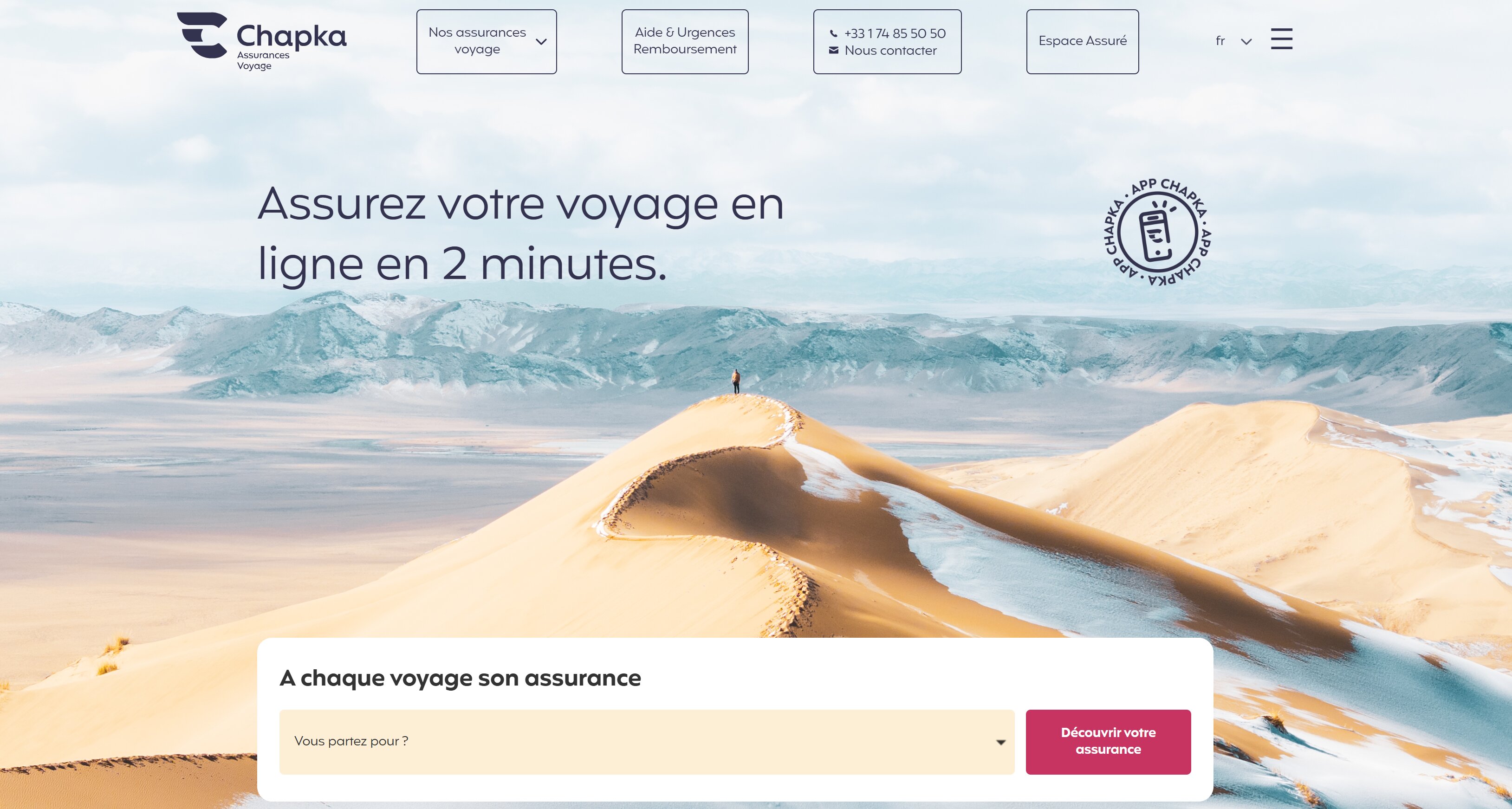 Interface plateforme Chapka - Souscription en ligne assurance voyage Cap Assistance et Cap Working Holiday avec -5% de réduction