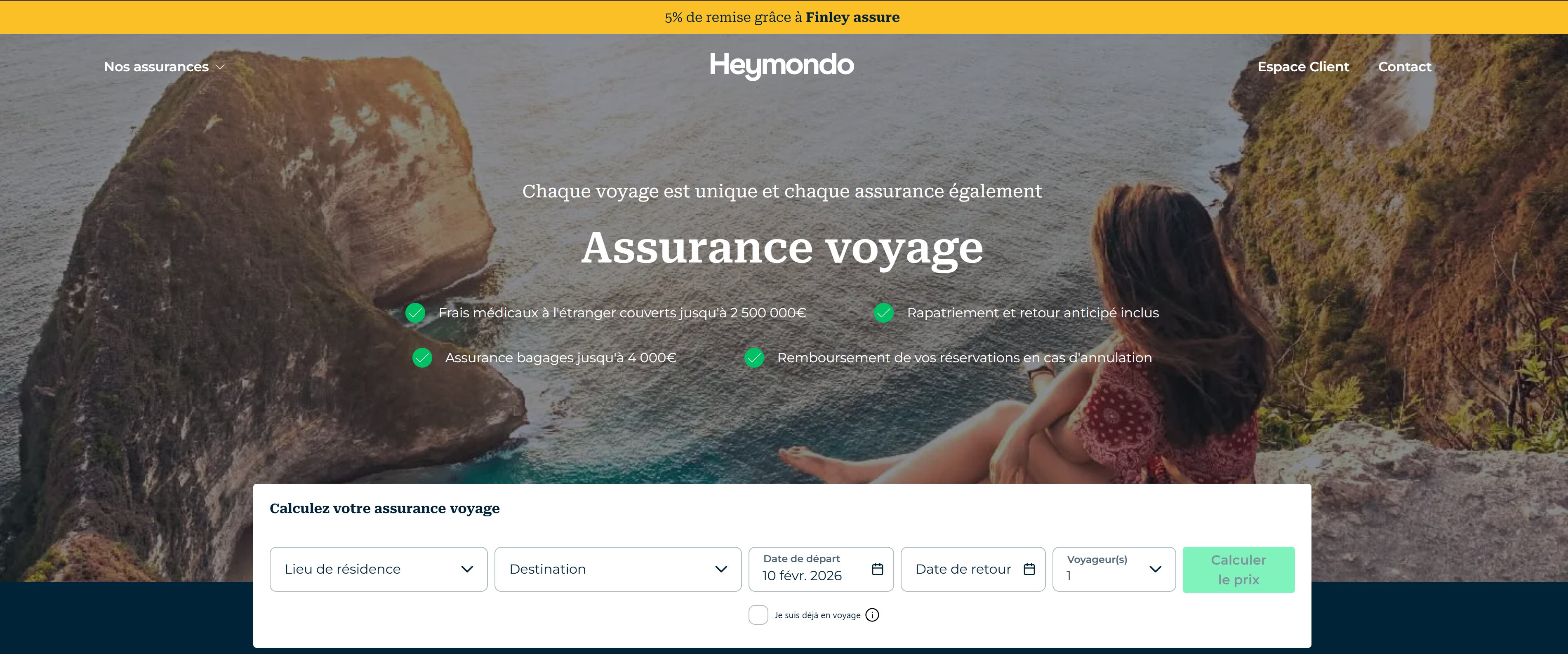 Capture d'écran de la réduction Heymondo -5% appliquée - Interface de sélection des formules avec le prix actualisé